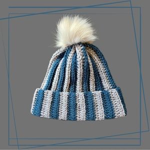 Handmade Crochet Striped Hat, Teal and Gray Crochet Hat, Crochet Beanie